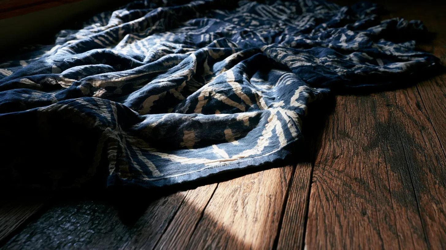 Hands resting on folded indigo cloth